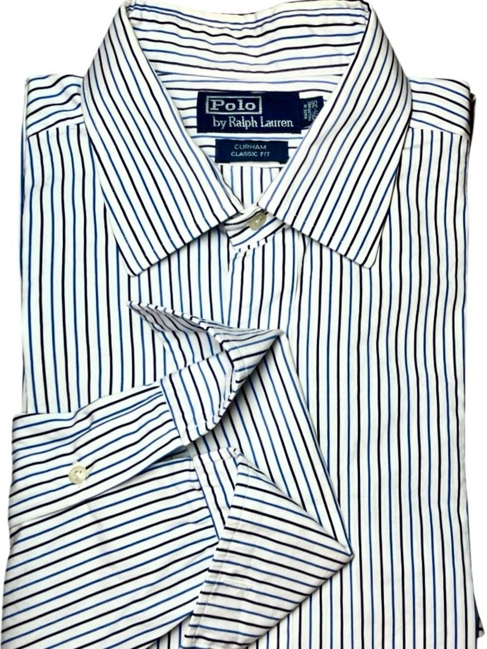 Polo Ralph Lauren French Cuff Striped Dress Shirt in White/Blue Men’s 17 1/2-35